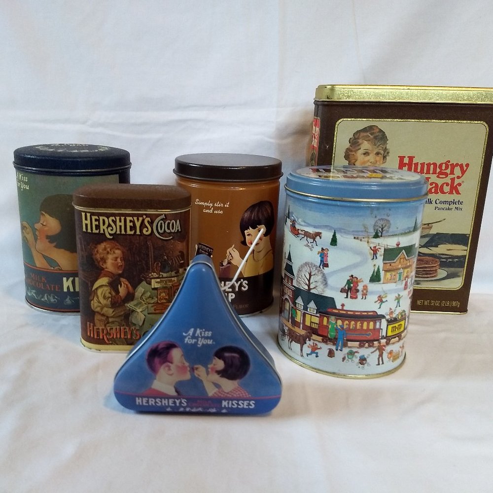LOT OF 6 Collectible Advertising Tins Hersheys Cocoa Kisses (2) M&Ms Hungry Jack